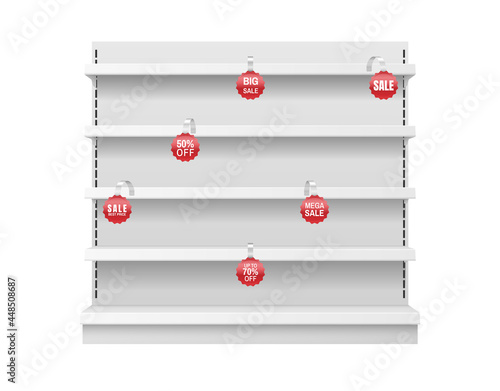 White empty store shelf with sale and discount prices tags. Retail shelf rack for supermarket