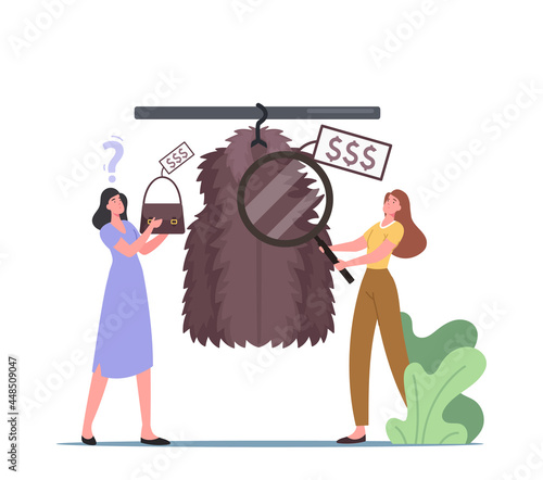 Young Women Choosing Expensive Fashioned Clothes in Store, Rich Buyers Buying New Brand Collection of Garment Fur Coat