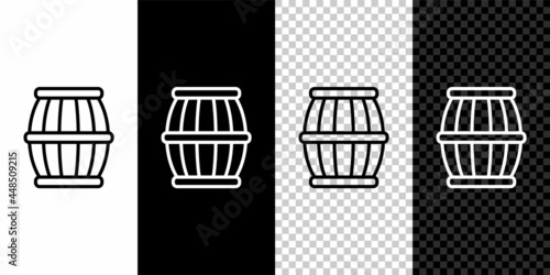 Set line Gun powder barrel icon isolated on black and white, transparent background. TNT dynamite wooden old barrel. Vector