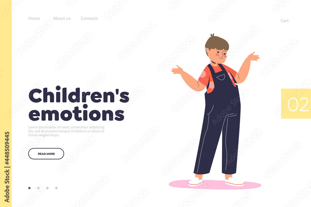 Children emotion concept of landing page with grumpy boy shrugging shoulders confused Children emotion concept of landing page with grumpy boy shrugging shoulders confused