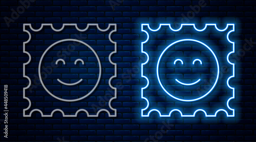 Glowing neon line LSD acid mark icon isolated on brick wall background. Acid narcotic. Postmark. Postage stamp. Health danger. Vector