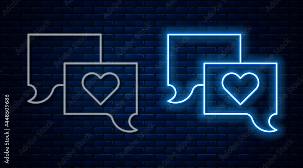 Glowing neon line Speech bubble chat icon isolated on brick wall background. Message icon. Communication or comment chat symbol. Vector Glowing neon line Speech bubble chat icon isolated on brick wall background. Message icon. Communication or comment chat symbol. Vector
