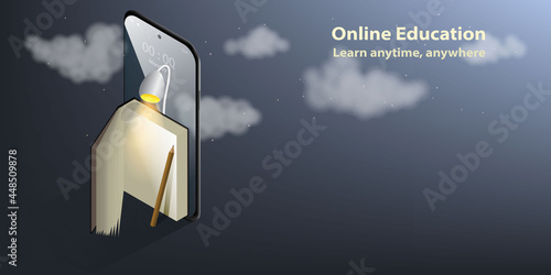 Isometric vector online education Presented by smartphone textbook pencil and reading lamp for concept of learning anytime, anywhere against the backdrop of night sky full of clouds and stars