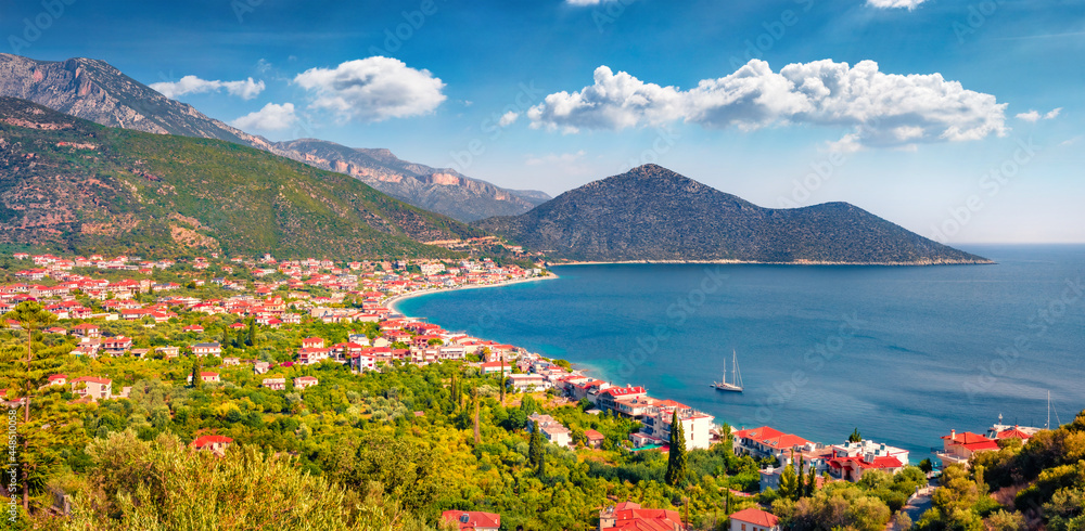 Aerial summer cityscape of Tyros, tourist and old naval town in Arcadia. Attractive morning seascape of Myrtoan Sea. Splendid outdoor scene of Peloponnese peninsula, Greece, Europe.