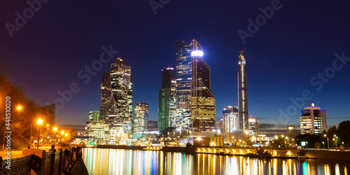 Panorama view in the night with Russia. Skyscrapers in the center of Moscow. High-rise buildings in the capital of the Russia. Complex