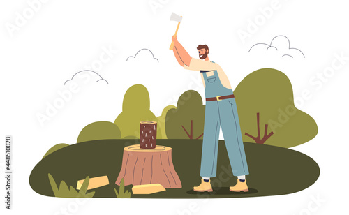 Man chopping wood for outdoor picnic in park or forest for camp fire at camping vacation