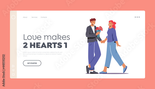 Love, Human Relation, Couple Dating Landing Page Template. Man Give Present to Girlfriend. Girl Get Flowers Bouquet