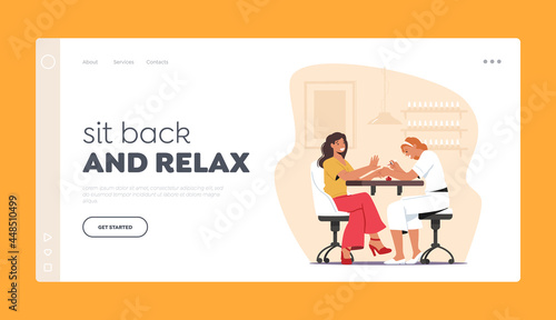 Fashion, Spa Body Care Landing Page Template. Woman Visiting Beauty Salon. Master Character Do Manicure Procedure