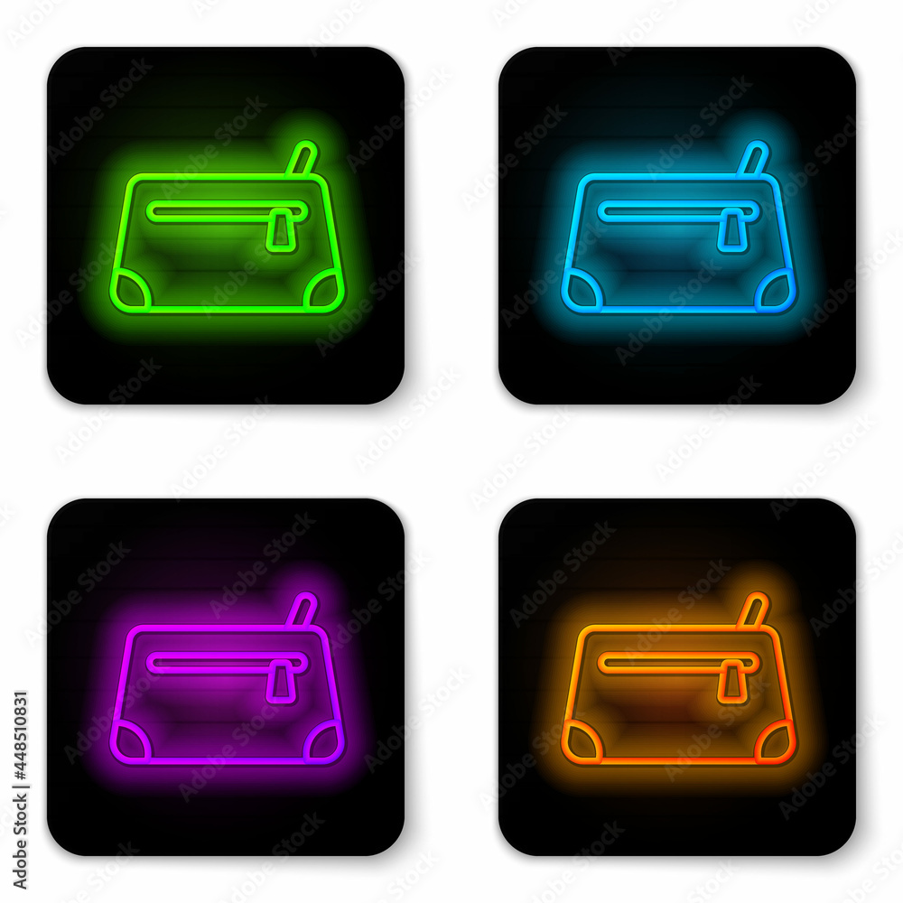 Glowing neon line Cosmetic bag icon isolated on white background. Black square button. Vector Glowing neon line Cosmetic bag icon isolated on white background. Black square button. Vector