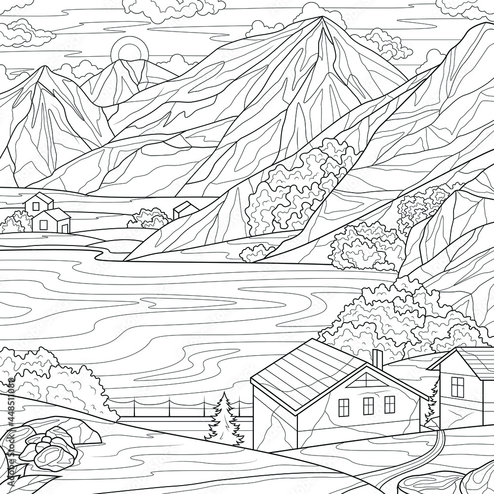 House in the mountains.Coloring book antistress for children and adults. Illustration isolated on white background.Zen-tangle style. Hand draw