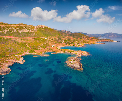 View from flying drone of Saint Phocas church. Captivating outdoor scene of Peloponnese peninsula, Greece, Europe. Amazing summer seascape of Myrtoan Sea. photo