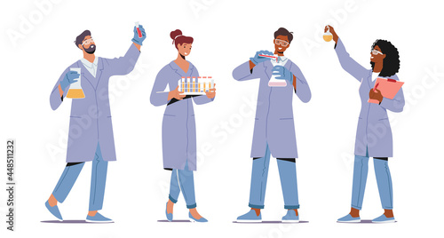 Set of Chemists with Beakers. Chemistry Staff Work, Scientific Technicians Conduct Research or Experiment in Scientific Lab