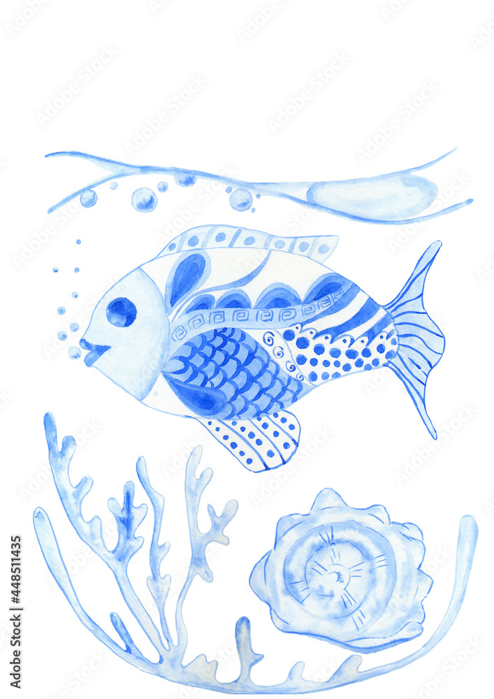Obraz premium Underwater world with watercolors. Illustration in the style of gzhel.