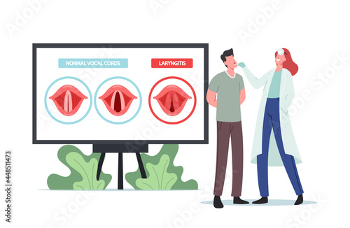 Laryngitis Disease. Tiny Doctor and Patient at Huge Infographics Presenting Normal and Diseased Vocal Cords