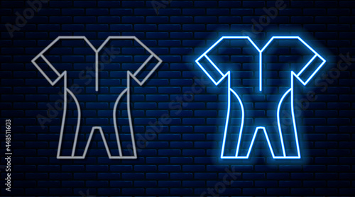 Glowing neon line Wetsuit for scuba diving icon isolated on brick wall background. Diving underwater equipment. Vector