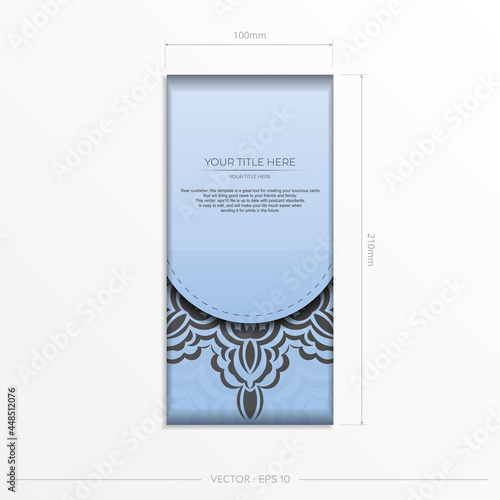 Rectangular Vector Blue color postcard template with luxurious black patterns. Print-ready invitation design with vintage ornaments.
