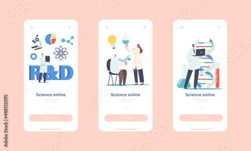 Science Online Mobile App Page Onboard Screen Template. Medicine Scientists Characters Working with Dna Structure