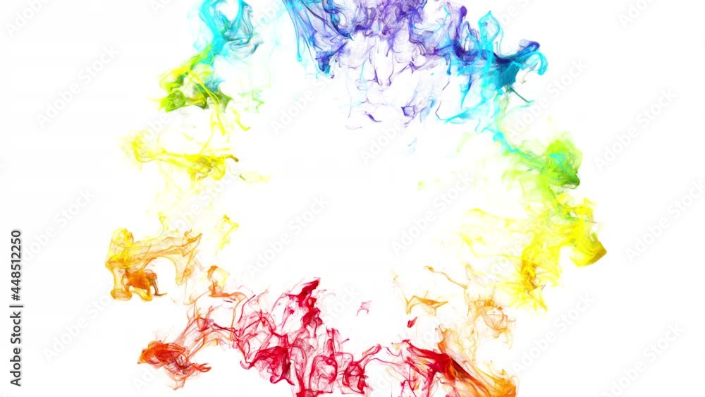 Multiple iridescent multicolored circle particle explosions. Vivid rainbow colored powder smoke pulsating shockwave paint. 4k logo copy space animation with alpha. Isolated on white VJ loop copyspace