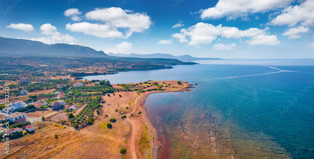 Panoramic summer view of Plitra village. Panoramic outdoor scene of Peloponnese peninsula, Greece, Europe. Spectacular morning seascape of Mediterranean sea. Traveling concept background..