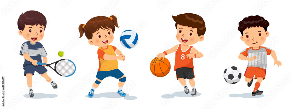 Vector illustration of cute little children playing different sports,  tennis, volleyball, basketball, football. Isolated on a white background  Stock Vector