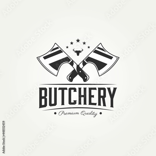 butchery shop logotype with crossed axes and bull head badge logo template vector illustration design. classic retro typography steak house, farm and restaurant emblem logo concept
