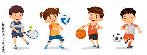 Vector illustration of cute little children playing different sports, tennis, volleyball, basketball, football. Isolated on a white background