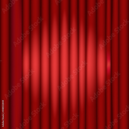 Red closed curtain on theater or cinema stage with spotlight, background for ceremony, circus, club.