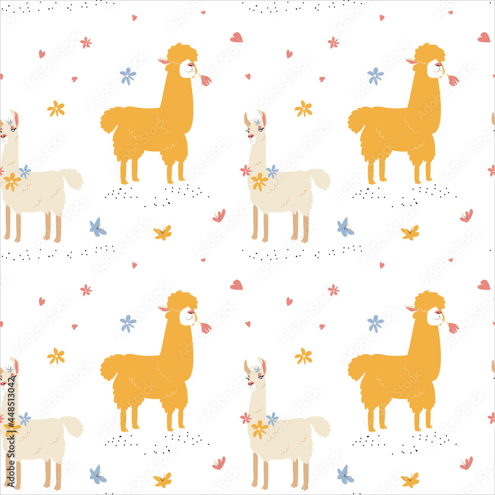 Seamless pattern of honey male Llama and beige female Llama and hand drawn elements. Creative childish texture. Vector illustration great for fabric, textile. Seamless pattern of honey male Llama and beige female Llama and hand drawn elements. Creative childish texture. Vector illustration great for fabric, textile.