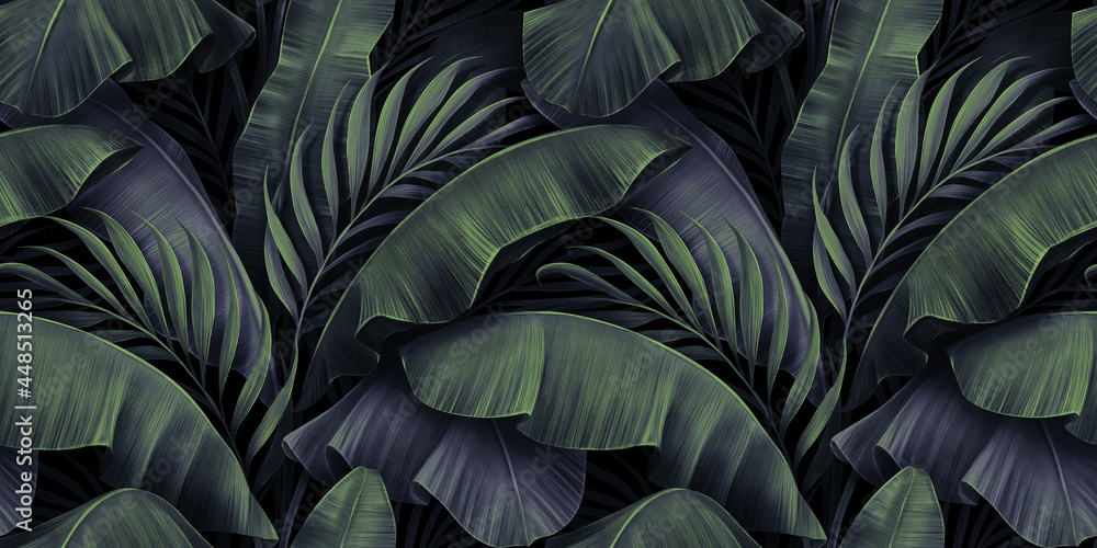 custom made wallpaper toronto digitalTropical exotic seamless pattern. Night blue green gradient banana leaves, palm. Hand-drawn dark vintage 3D illustration. Nature abstract background art design. Good for luxury wallpapers, clothes