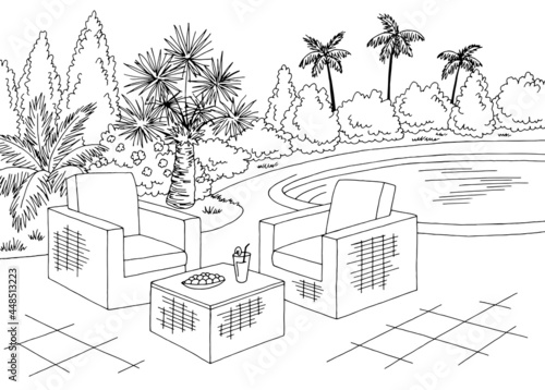 Backyard garden graphic black white sketch illustration vector 