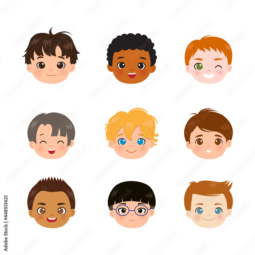Set of nine different boys head. Flat vector cartoon style Set of nine different boys head. Flat vector cartoon style