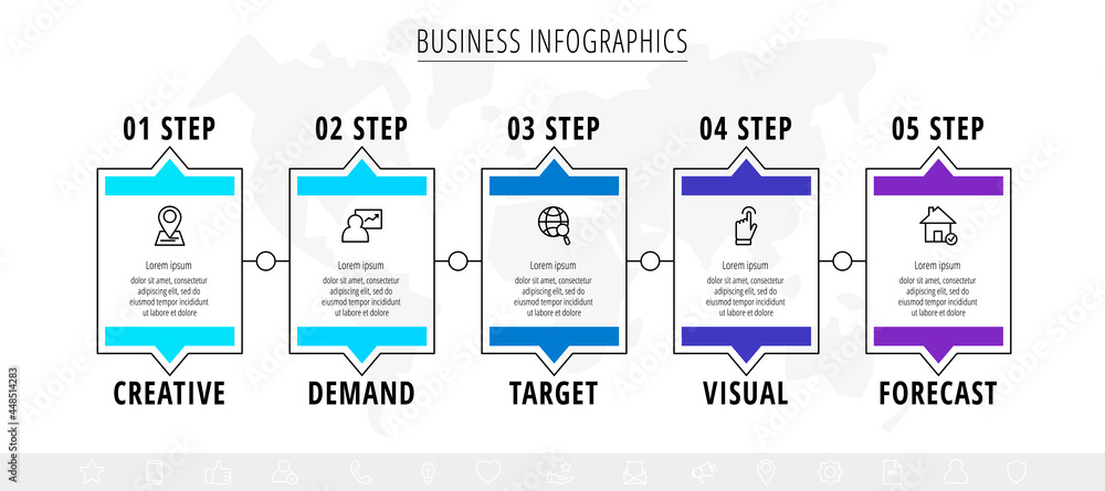Business vector infographics with five rectangles and icons. Timeline visualization with 5 steps and squares for diagram, flowchart, banner, presentations, web, content, levels, chart, graphic