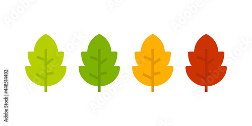 Otoño. Caída de la hoja. Icono plano grupo de hojas con lineas en color verde, naranja y rojo