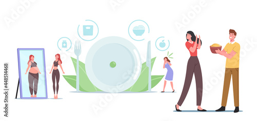 Anorexia or Bulimia, Unhealthy Lifestyle Concept. Female Characters with Mental Disorder Refuse Eating, Loss Weight