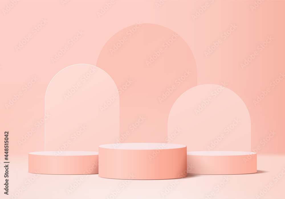 3d display product abstract minimal scene with geometric podium platform. cylinder background vector 3d rendering with podium. stand for cosmetic products. Stage showcase on pedestal 3d pink studio - obrazy, fototapety, plakaty 