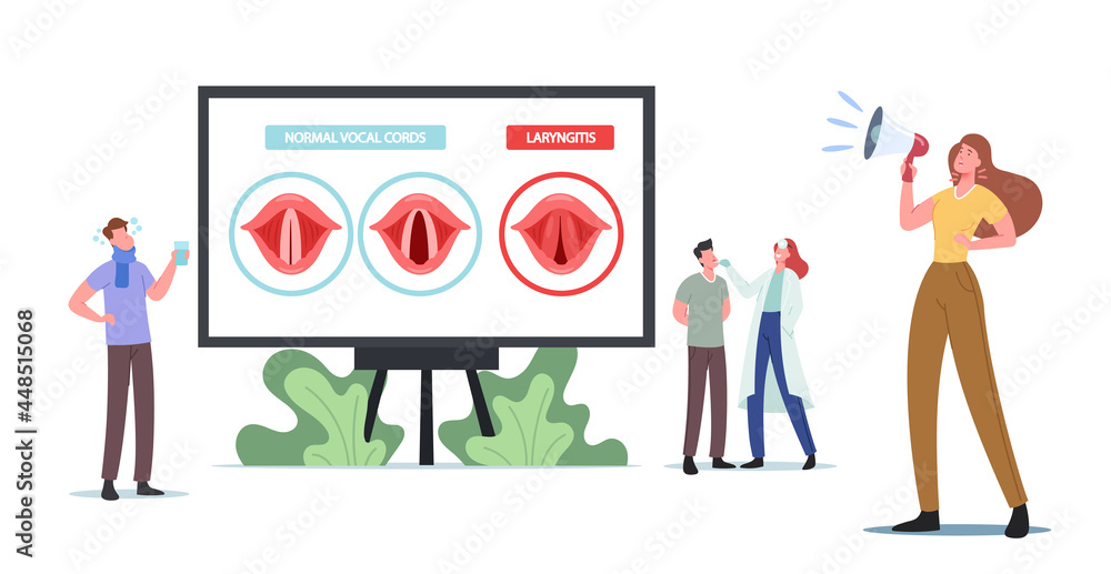 Tiny Doctor and Patient Characters at Huge Infographics Presenting Normal and Diseased Vocal Cords with Laryngitis Tiny Doctor and Patient Characters at Huge Infographics Presenting Normal and Diseased Vocal Cords with Laryngitis