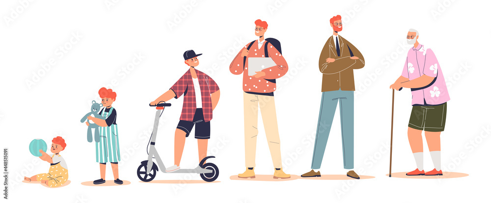 Aging concept: stages of growing of male. Kid, teenager, student, adult ...