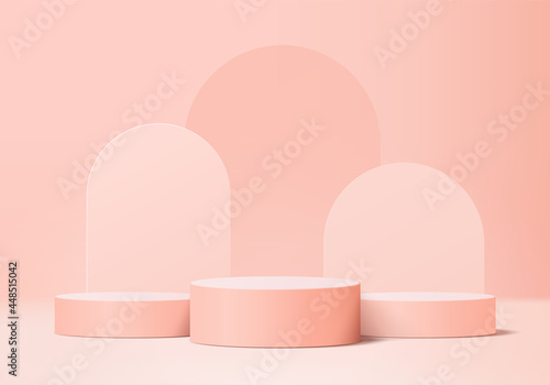 3d display product abstract minimal scene with geometric podium platform. cylinder background vector 3d rendering with podium. stand for cosmetic products. Stage showcase on pedestal 3d pink studio photo