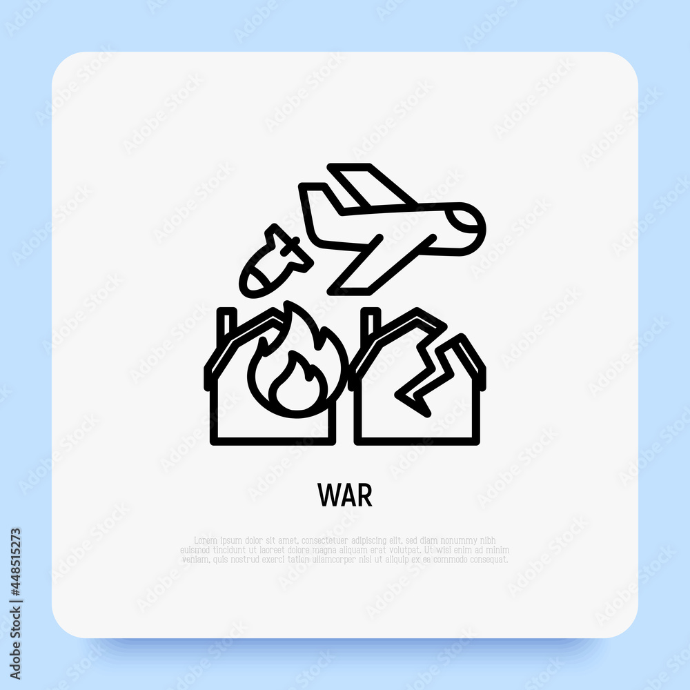 War thin line icon, airplane throws off a bomb on house in fire. Modern vector illustration. War thin line icon, airplane throws off a bomb on house in fire. Modern vector illustration.