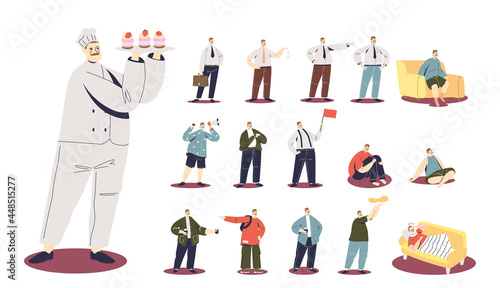 Set of chef cook holding cupcakes, cartoon male character in different lifestyle situations and pose