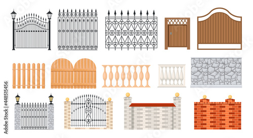 Set of Icons Wooden, Metal, Brick and Stone Fences, Handrail, Balustrade Sections and Grates. Balcony Panels, Fencing