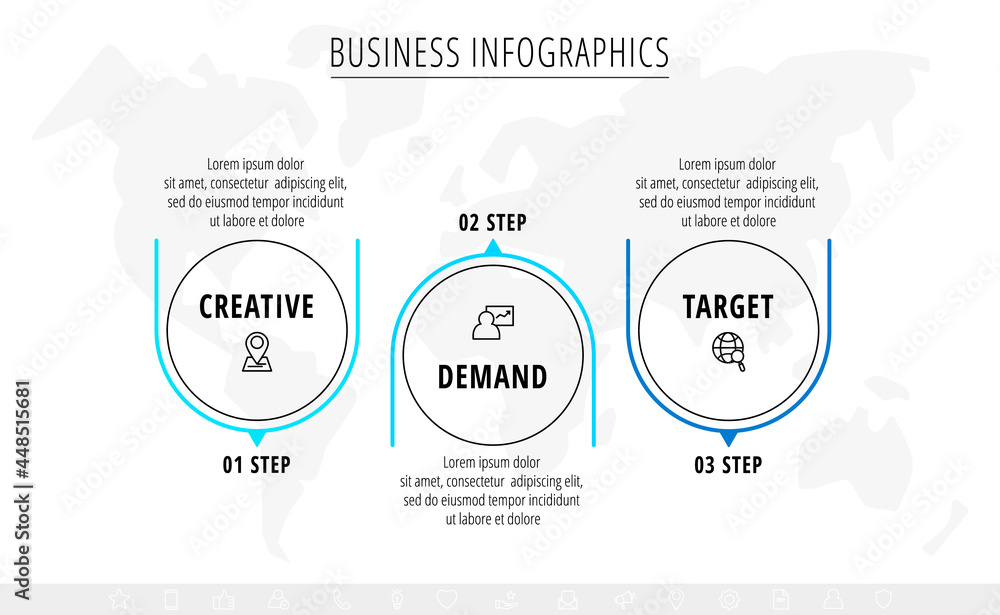 Line vector minimal infographic with three circles. Modern timeline business concept with 3 steps by step for diagram, chart, flowchart, levels, graphic, app, web Line vector minimal infographic with three circles. Modern timeline business concept with 3 steps by step for diagram, chart, flowchart, levels, graphic, app, web