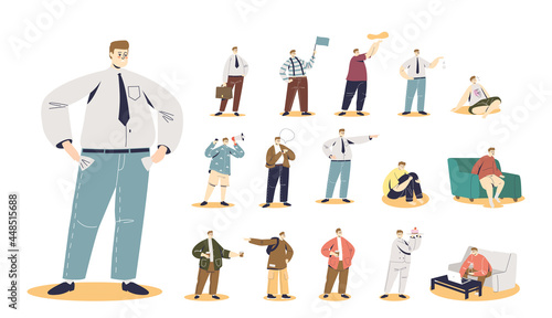 Set of poor businessman with empty pockets in different lifestyle situations and poses