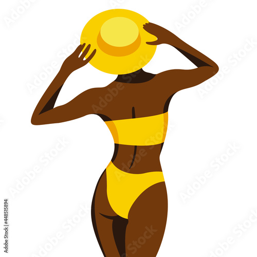 vector trendy illustration on the theme of summer holidays. dark-skinned girl in a yellow swimsuit and hat resting on the beach with her back turned isolated on a white background.