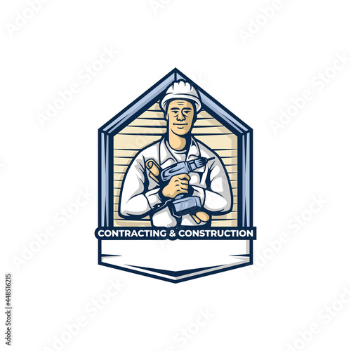 Classic style and cool emblem of contractor worker colored cartoon symbol logo style line art illustration design vector