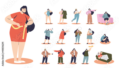 Set of plus size cartoon female measuring waist in different lifestyle situations and poses