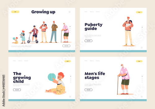 Set of landing pages with growing man life stages: newborn infant, teenager and older man