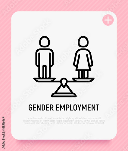 Equal gender employment thin line icon, woman and man on the scales are equal. Gender equality. Vector illustration.