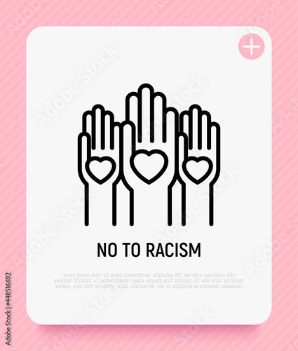 No to racism thin line icon, hands with hearts on their palms. Volunteers. Charity, donation. Vector illustration of tolerance, social equality.
