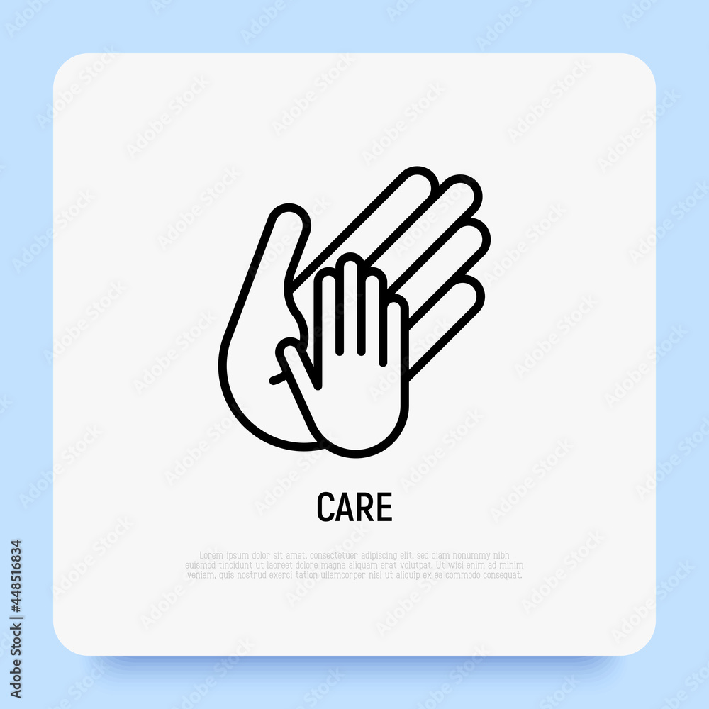 Hand of adult holds child's hand thin line icon. Modern vector illustration, care sign. Hand of adult holds child's hand thin line icon. Modern vector illustration, care sign.